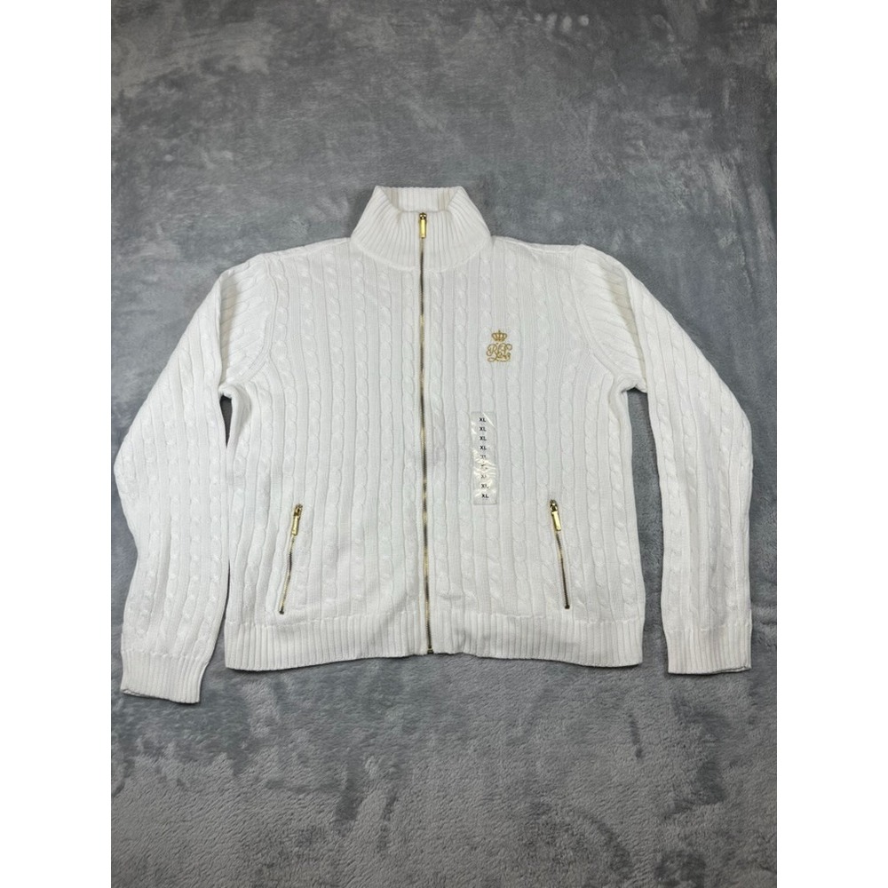 Women's LAUREN Ralph Lauren Full Zip Mock Neck Sweater XL Cream Cable Knit NWT